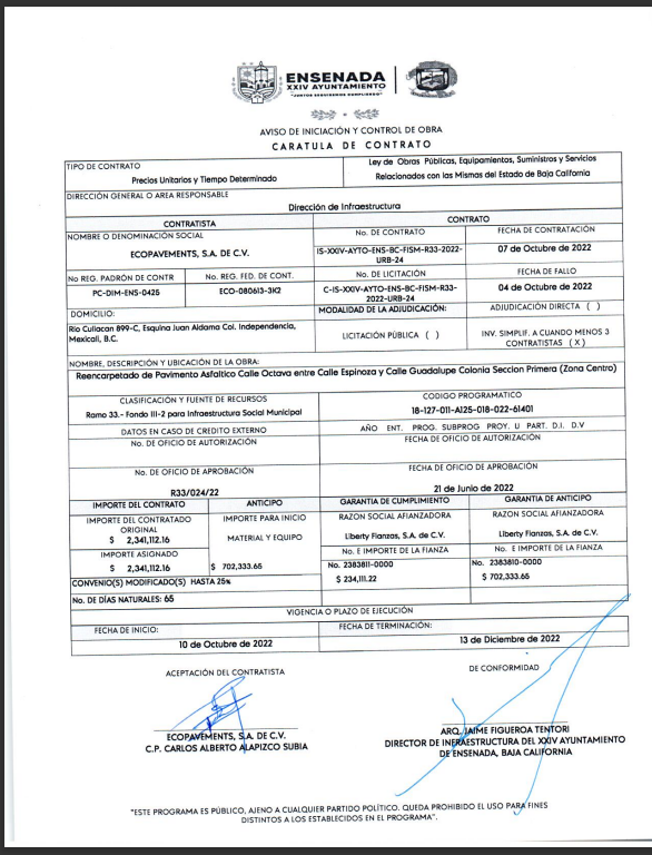 El proveedor Carlos Alberto Alapizco Subia compitió al mismo tiempo con dos empresas para obtener contratos con el Ayuntamiento de Ensenada. Imagen de los documentos.