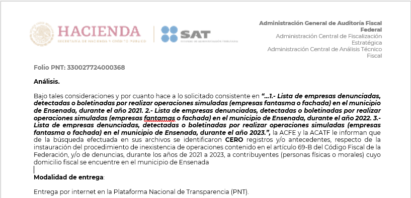 Respuesta del SAT de que no existen denuncias en Ensenada sobre presuntas empresas “fantasma”. Imagen del documento.