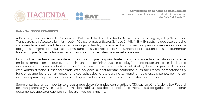 Respuesta oficial del SAT de que no existe una base de datos que refiera las revisiones físicas de los domicilios indicados por los contribuyentes en Ensenada. Imagen del documento.