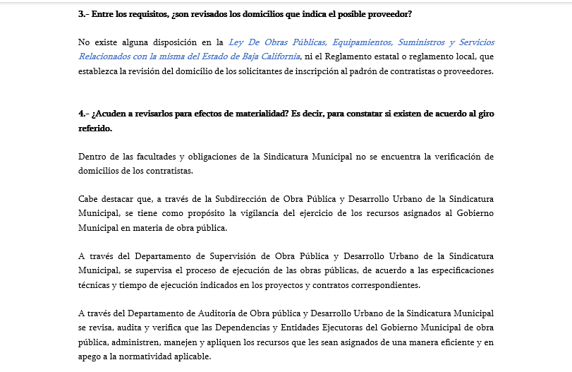 La Sindicatura del Ayuntamiento de Ensenada no hace revisiones de domicilios de proveedores. Imagen del documento.