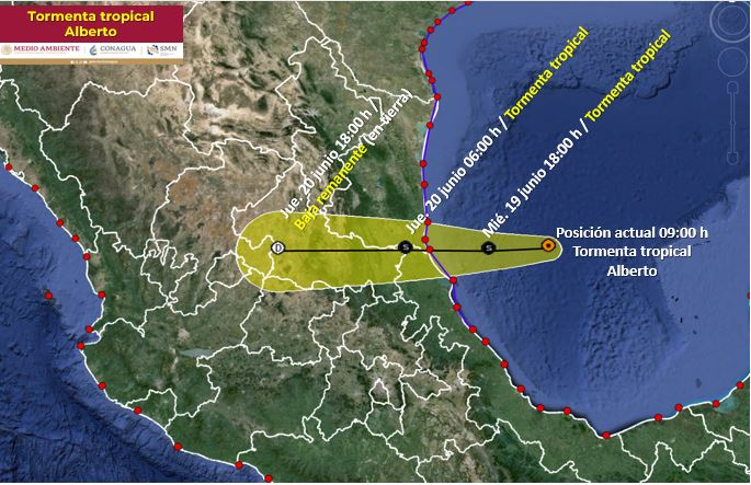 Alrededor de las 3:00 de la mañana, la tormenta tropical Alberto se dirigirá a tierra por Tampico Alto y Altamira.