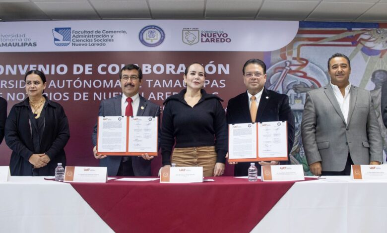 La Universidad Autónoma de Tamaulipas (UAT) y el Colegio de Notarios de Nuevo Laredo firmaron un convenio de colaboración.