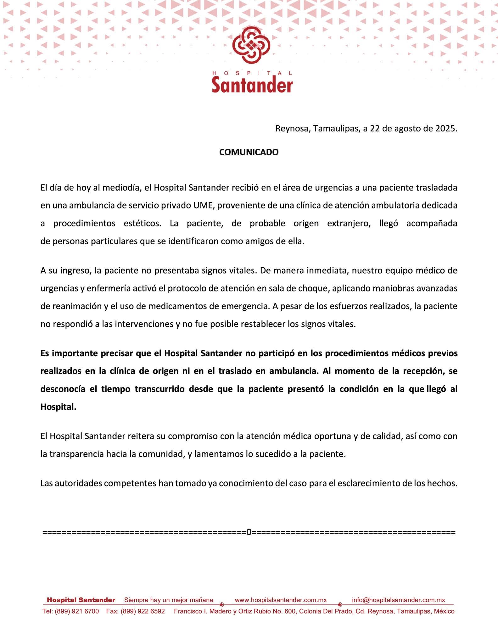 comunicado del hospital Santander en Reynosa.
