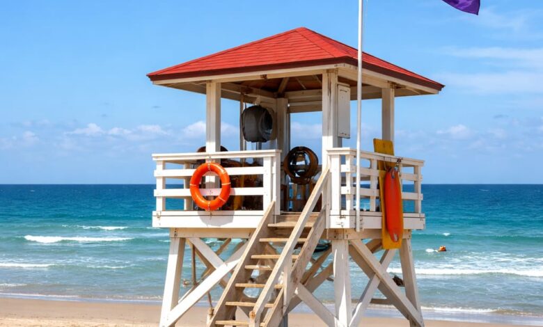 Autoridades informan sobre el significado de la Bandera morada en la playa.