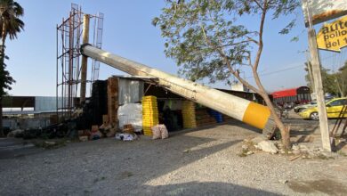 Fuertes vientos tiraron un anuncio espectacular arriba de una frutería.