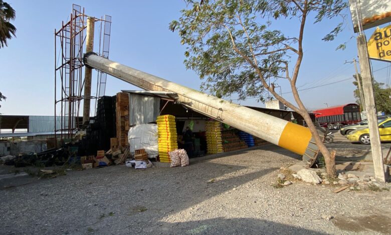 Fuertes vientos tiraron un anuncio espectacular arriba de una frutería.