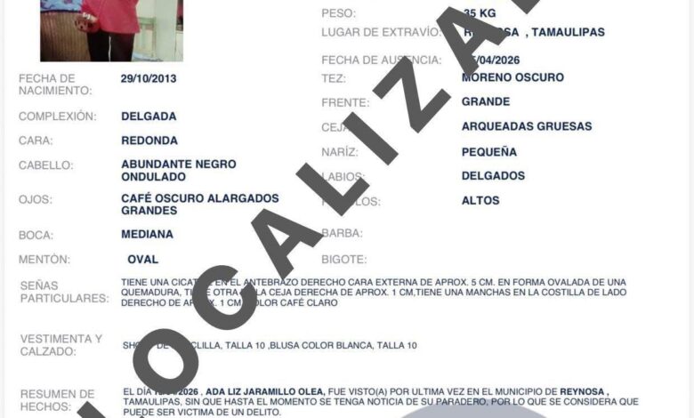 Localizan con vida a Ada Liz Jaramillo en el municipio de Reynosa