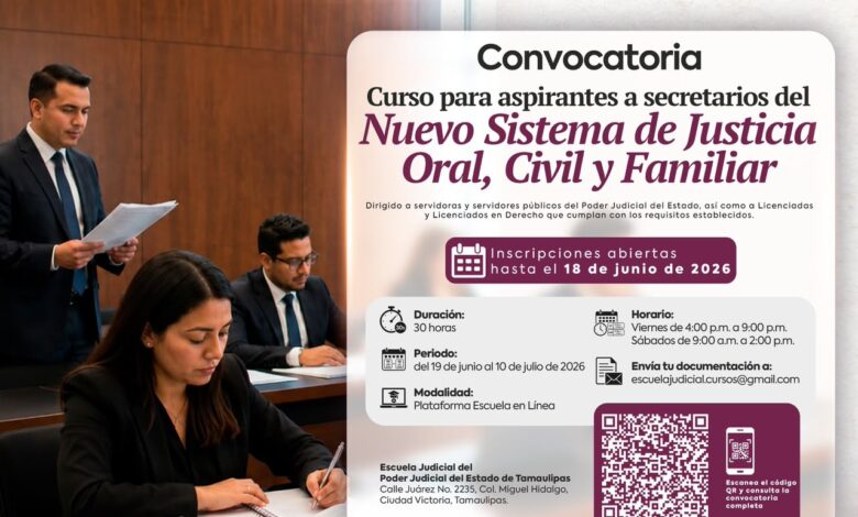 Poder Judicial de Tamaulipas abre 30 plazas para secretarios