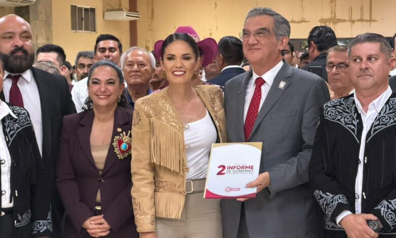 Olga Sosa Ruiz acompañó al gobernador Américo Villarreal Anaya durante los segundos informes de gobierno de Jiménez y Abasolo.