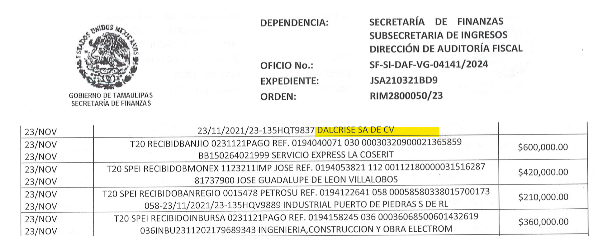 JSC también tuvo operaciones con Construindustrial y Servicios Simma, empresa ligada a la red del dueño de Miss Universo, y Dalcrise, facturera identificada por el SAT como la mayor deudora.